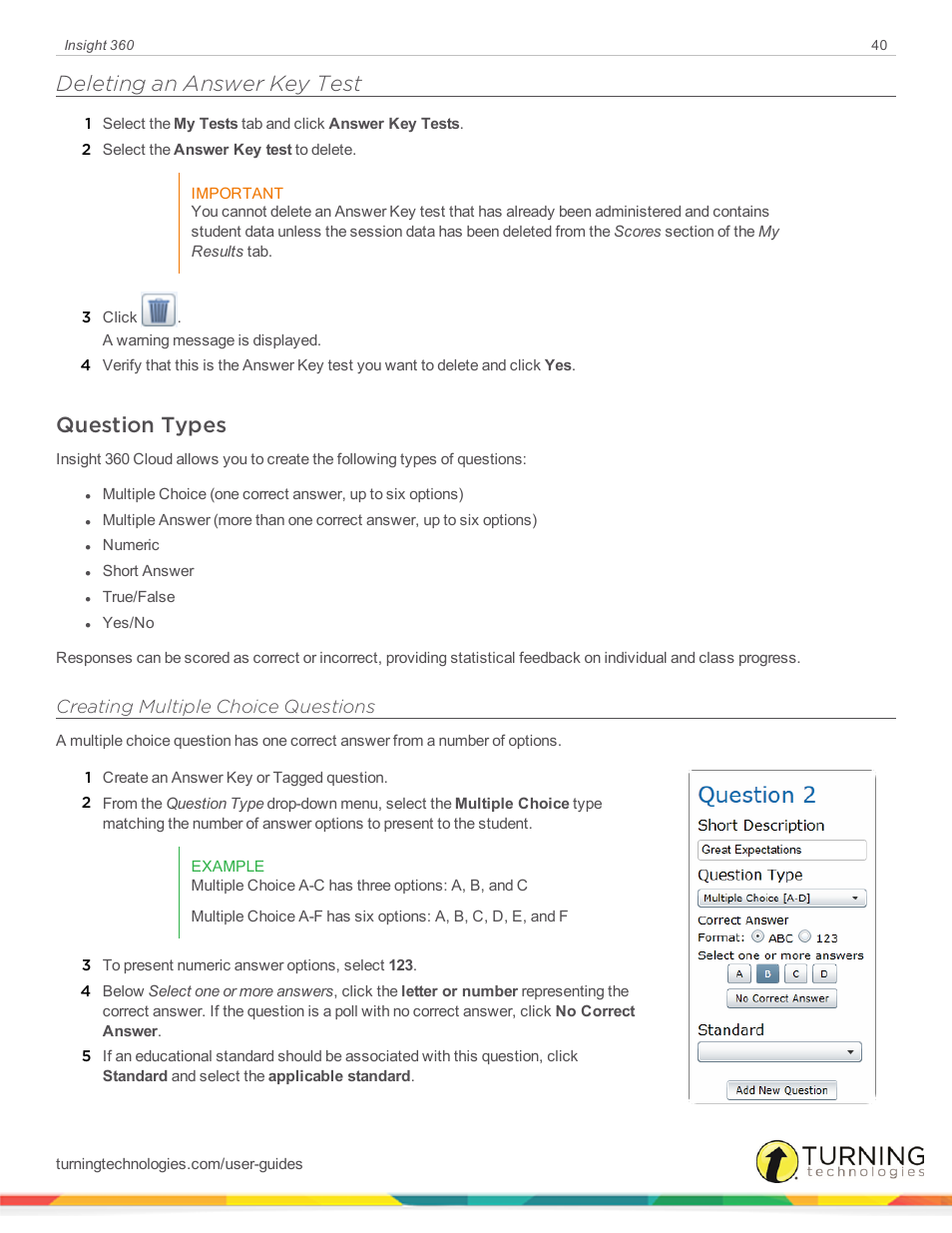 Deleting an answer key test, Question types, Creating multiple choice questions | Turning Technologies Insight 360 Cloud User Manual | Page 40 / 88