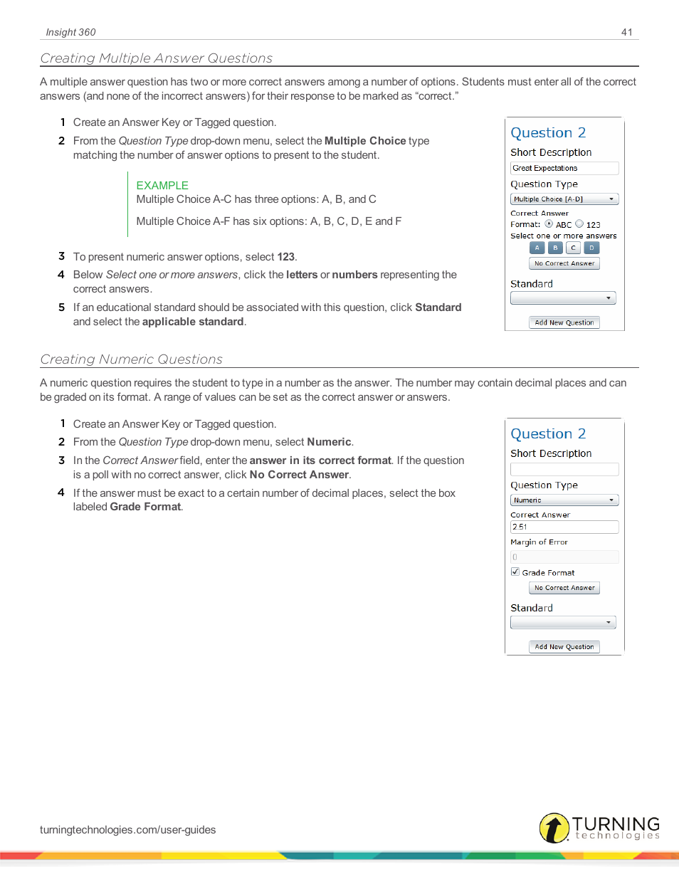 Creating multiple answer questions, Creating numeric questions | Turning Technologies Insight 360 Cloud User Manual | Page 41 / 88