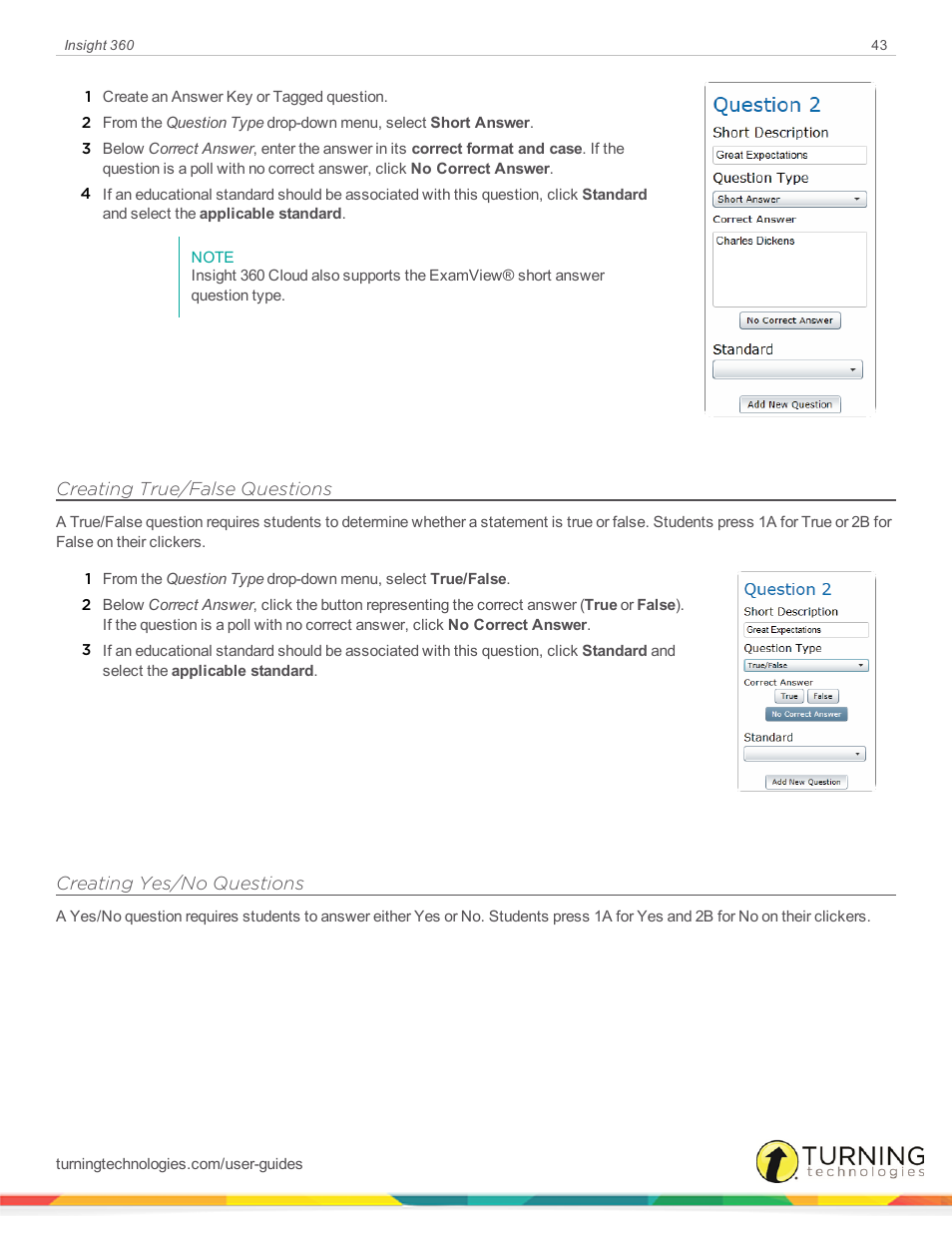 Creating true/false questions, Creating yes/no questions | Turning Technologies Insight 360 Cloud User Manual | Page 43 / 88
