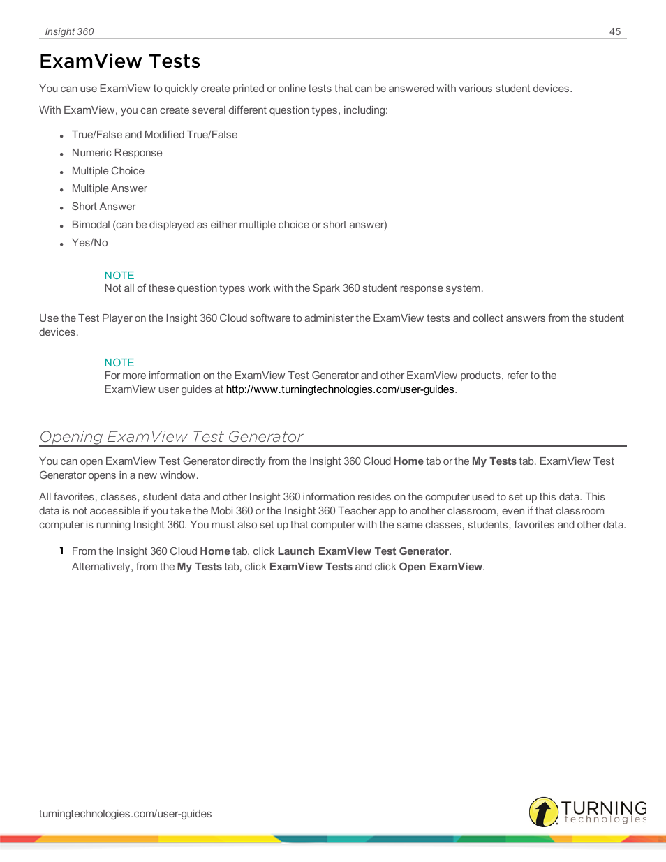 Examview tests, Opening examview test generator | Turning Technologies Insight 360 Cloud User Manual | Page 45 / 88