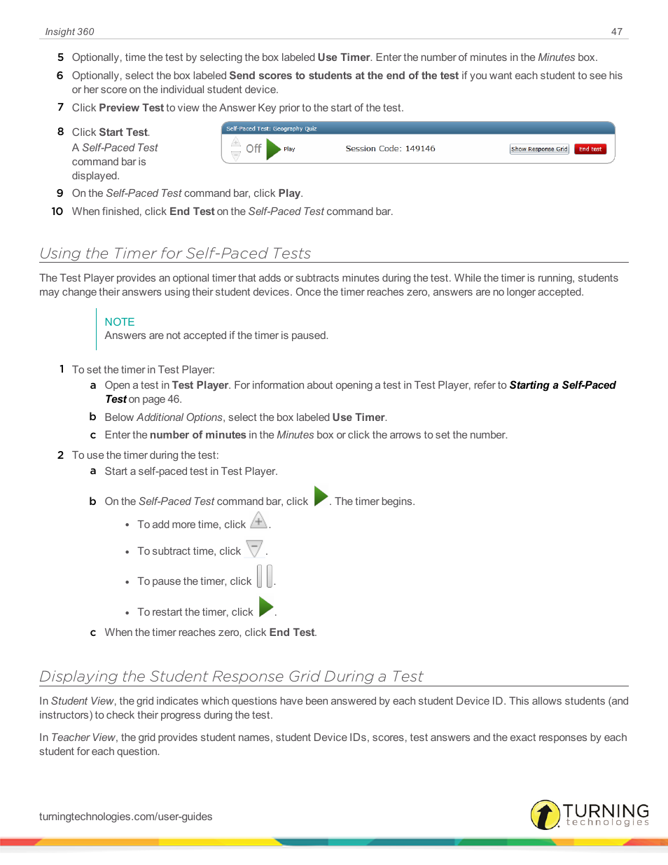 Using the timer for self-paced tests, Displaying the student response grid during a test | Turning Technologies Insight 360 Cloud User Manual | Page 47 / 88