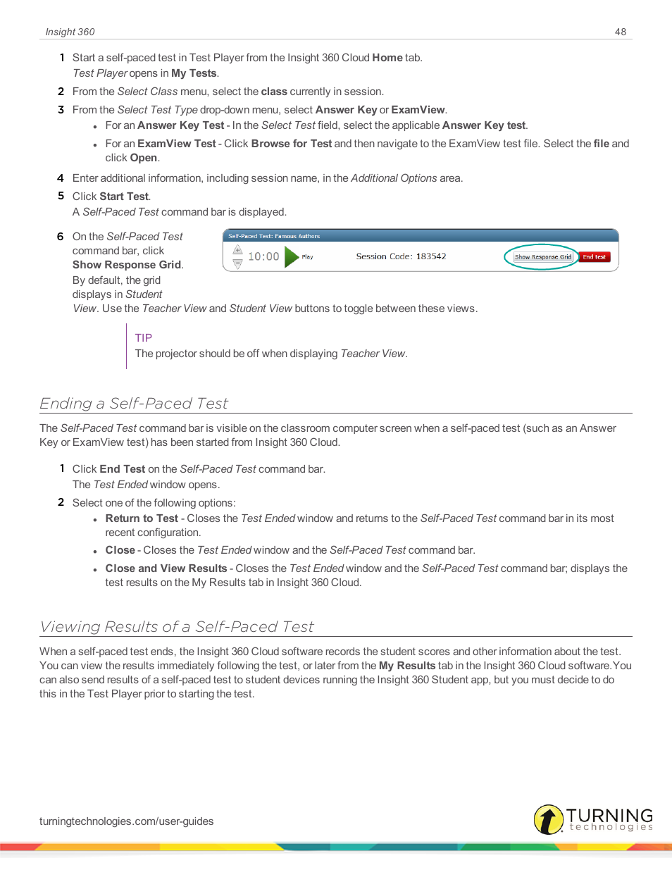 Ending a self-paced test, Viewing results of a self-paced test | Turning Technologies Insight 360 Cloud User Manual | Page 48 / 88