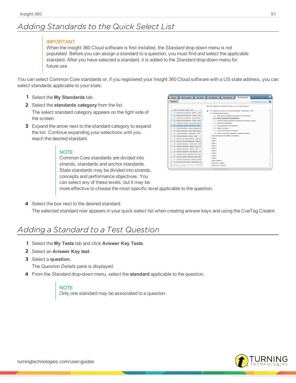 Adding standards to the quick select list, Adding a standard to a test question | Turning Technologies Insight 360 Cloud User Manual | Page 51 / 88