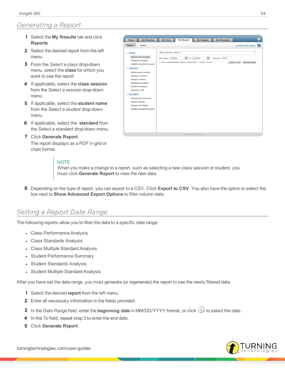Generating a report, Setting a report date range | Turning Technologies Insight 360 Cloud User Manual | Page 54 / 88