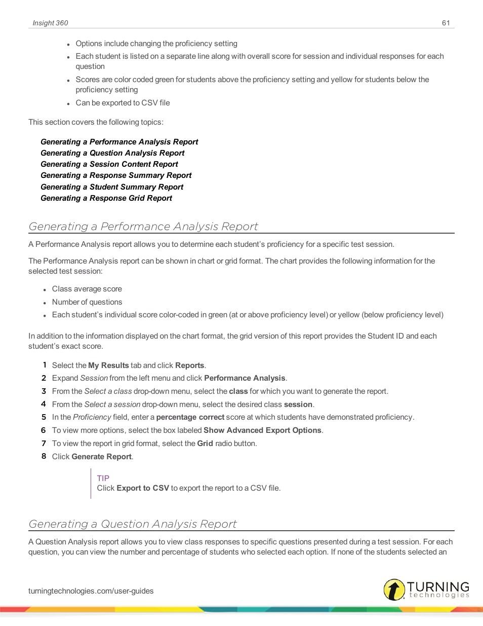 Generating a performance analysis report, Generating a question analysis report | Turning Technologies Insight 360 Cloud User Manual | Page 61 / 88