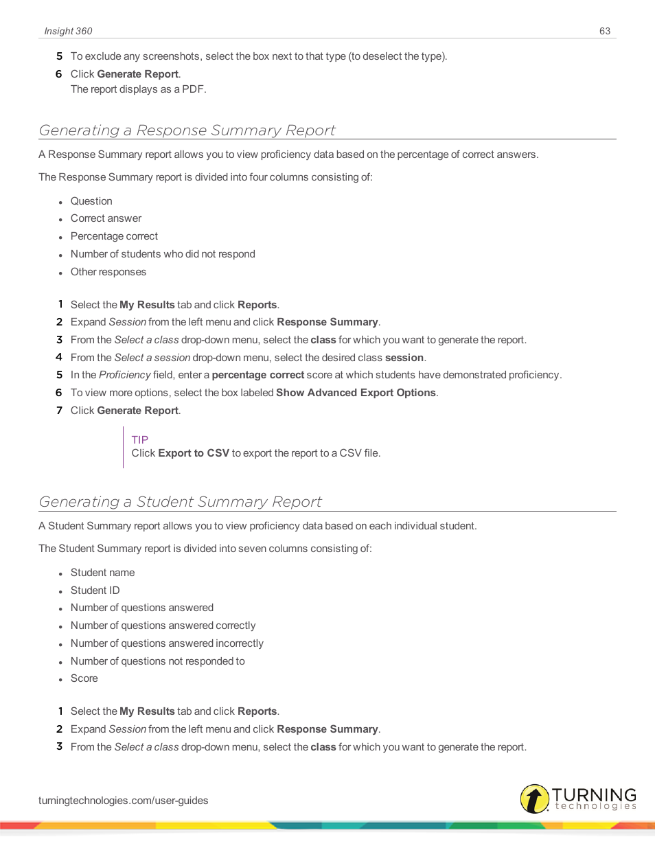 Generating a response summary report, Generating a student summary report | Turning Technologies Insight 360 Cloud User Manual | Page 63 / 88