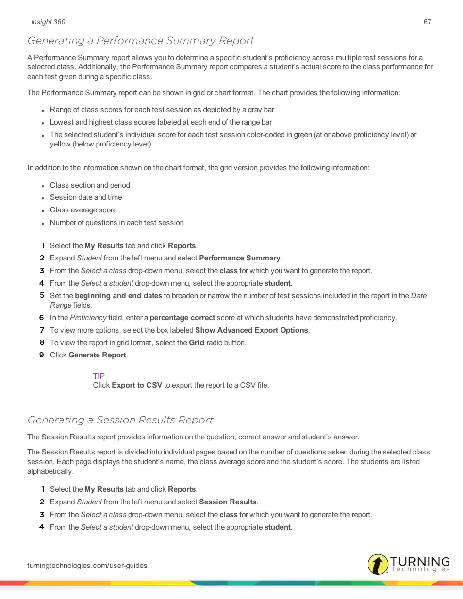 Generating a performance summary report, Generating a session results report | Turning Technologies Insight 360 Cloud User Manual | Page 67 / 88