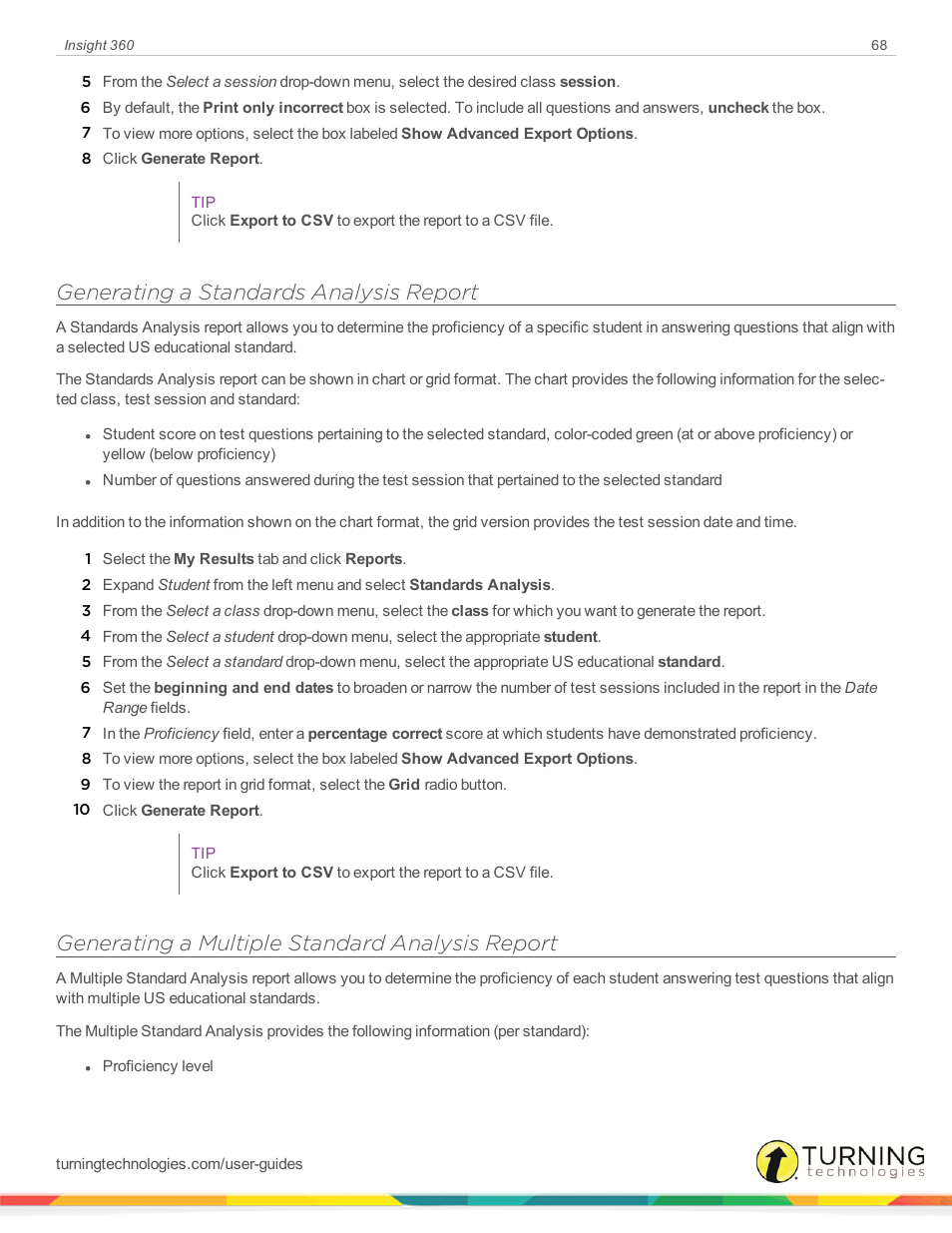 Generating a standards analysis report, Generating a multiple standard analysis report | Turning Technologies Insight 360 Cloud User Manual | Page 68 / 88