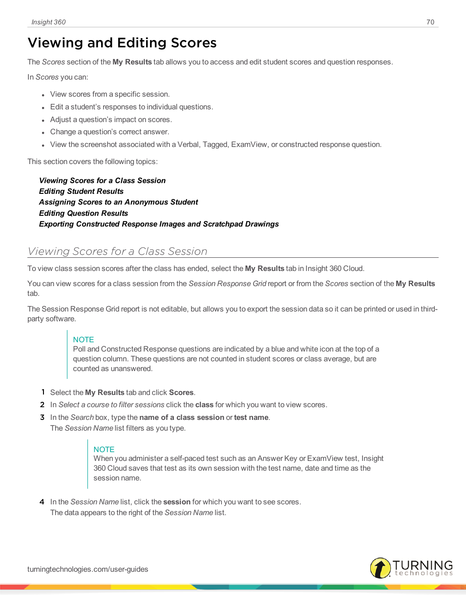 Viewing and editing scores, Viewing scores for a class session | Turning Technologies Insight 360 Cloud User Manual | Page 70 / 88