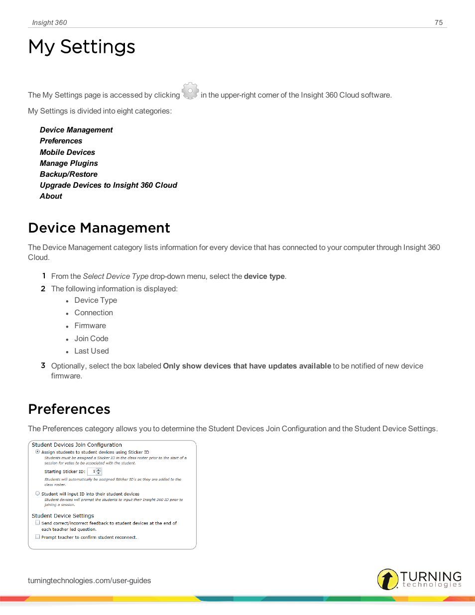 My settings, Device management, Preferences | Turning Technologies Insight 360 Cloud User Manual | Page 75 / 88