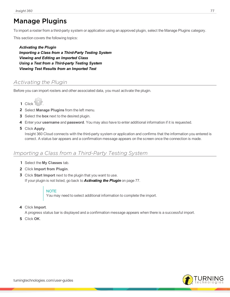 Manage plugins, Activating the plugin | Turning Technologies Insight 360 Cloud User Manual | Page 77 / 88