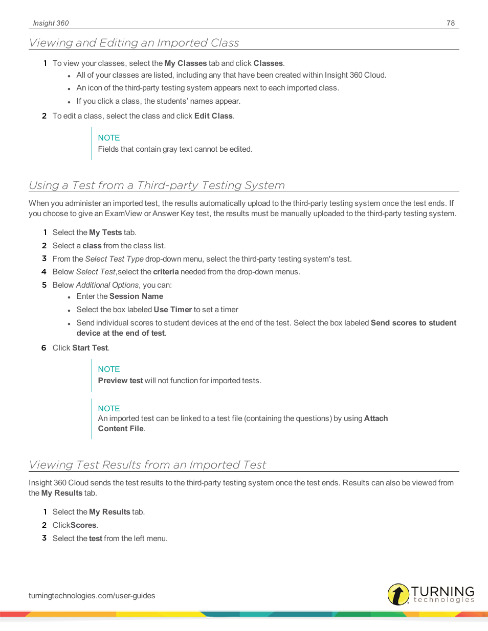 Viewing and editing an imported class, Using a test from a third-party testing system, Viewing test results from an imported test | Turning Technologies Insight 360 Cloud User Manual | Page 78 / 88