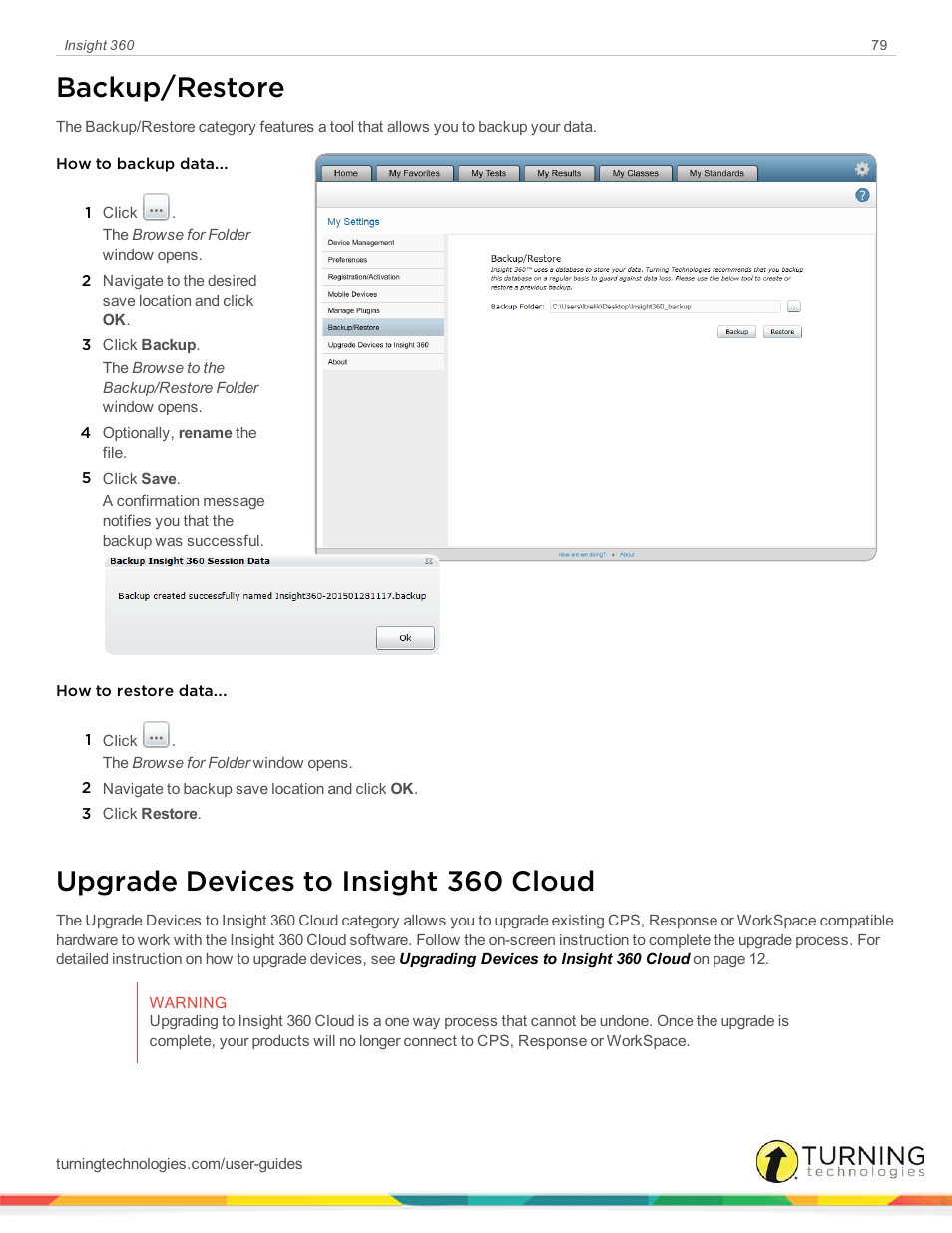 Backup/restore, Upgrade devices to insight 360 cloud | Turning Technologies Insight 360 Cloud User Manual | Page 79 / 88
