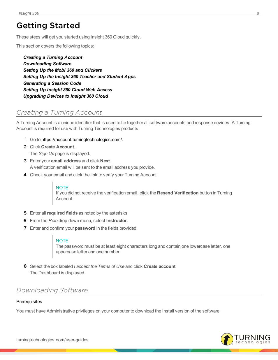 Getting started, Creating a turning account, Downloading software | Turning Technologies Insight 360 Cloud User Manual | Page 9 / 88