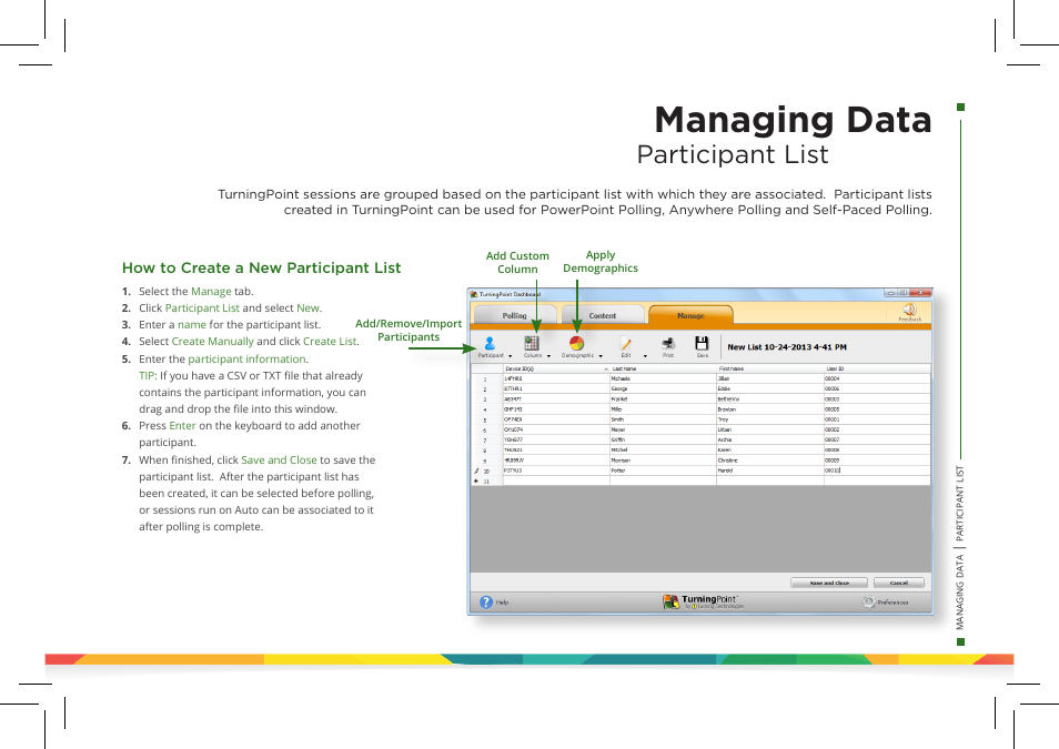 Managing data, Participant list | Turning Technologies TurningPoint 5 User Manual | Page 15 / 24