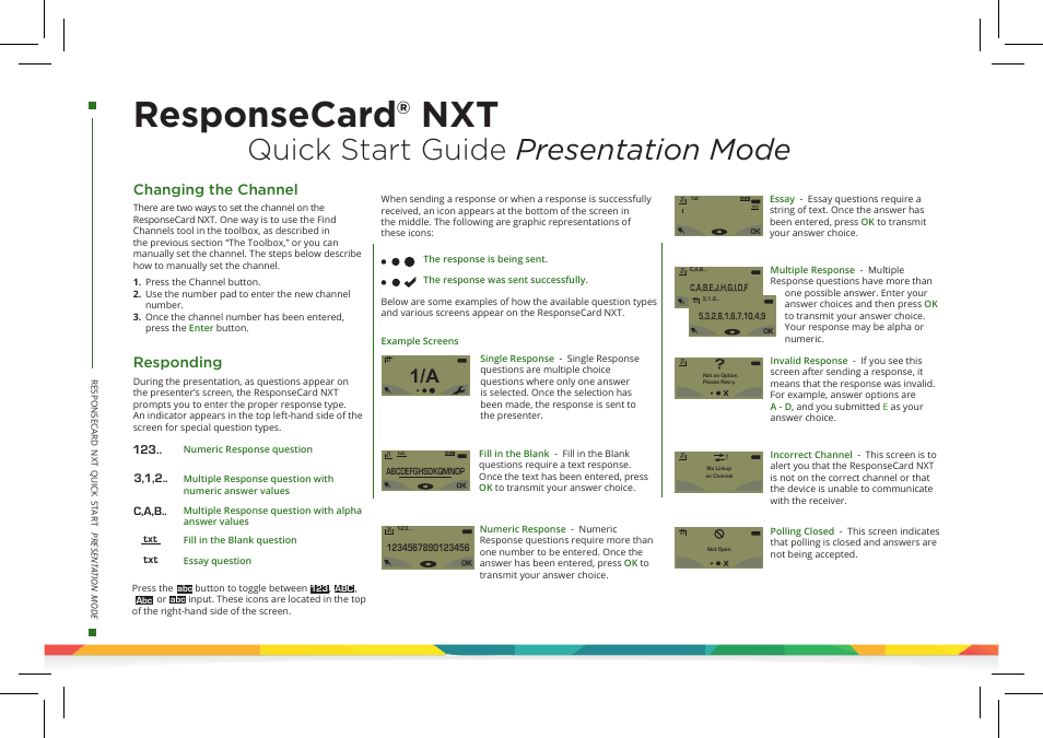 Responsecard® nxt, Quick start guide presentation mode, Changing the channel | Responding | Turning Technologies TurningPoint 5 User Manual | Page 18 / 24