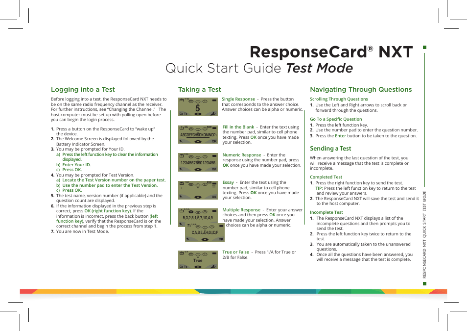 Responsecard® nxt, Quick start guide test mode, Logging into a test | Taking a test, Navigating through questions, Sending a test | Turning Technologies TurningPoint 5 User Manual | Page 19 / 24