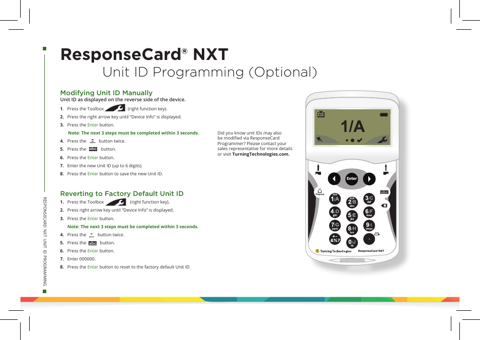 Responsecard® nxt, Unit id programming (optional), Modifying unit id manually | Reverting to factory default unit id | Turning Technologies TurningPoint 5 User Manual | Page 20 / 24