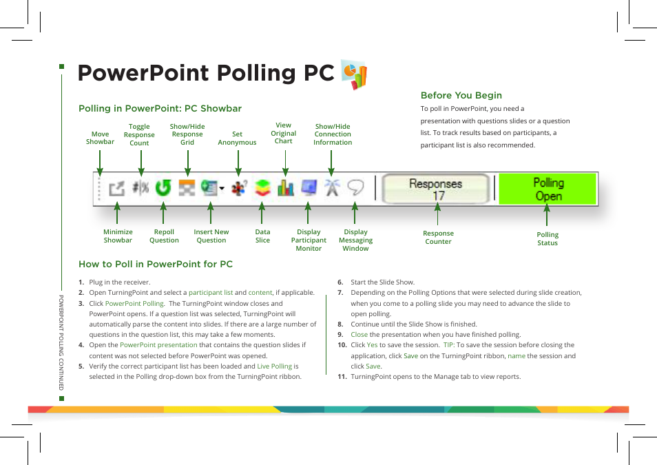 Powerpoint polling pc, How to poll in powerpoint for pc before you begin, Polling in powerpoint: pc showbar | Turning Technologies TurningPoint 5 User Manual | Page 8 / 24