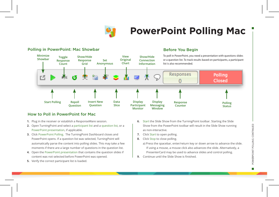 Powerpoint polling mac, How to poll in powerpoint for mac before you begin, Polling in powerpoint: mac showbar | Turning Technologies TurningPoint 5 User Manual | Page 9 / 24