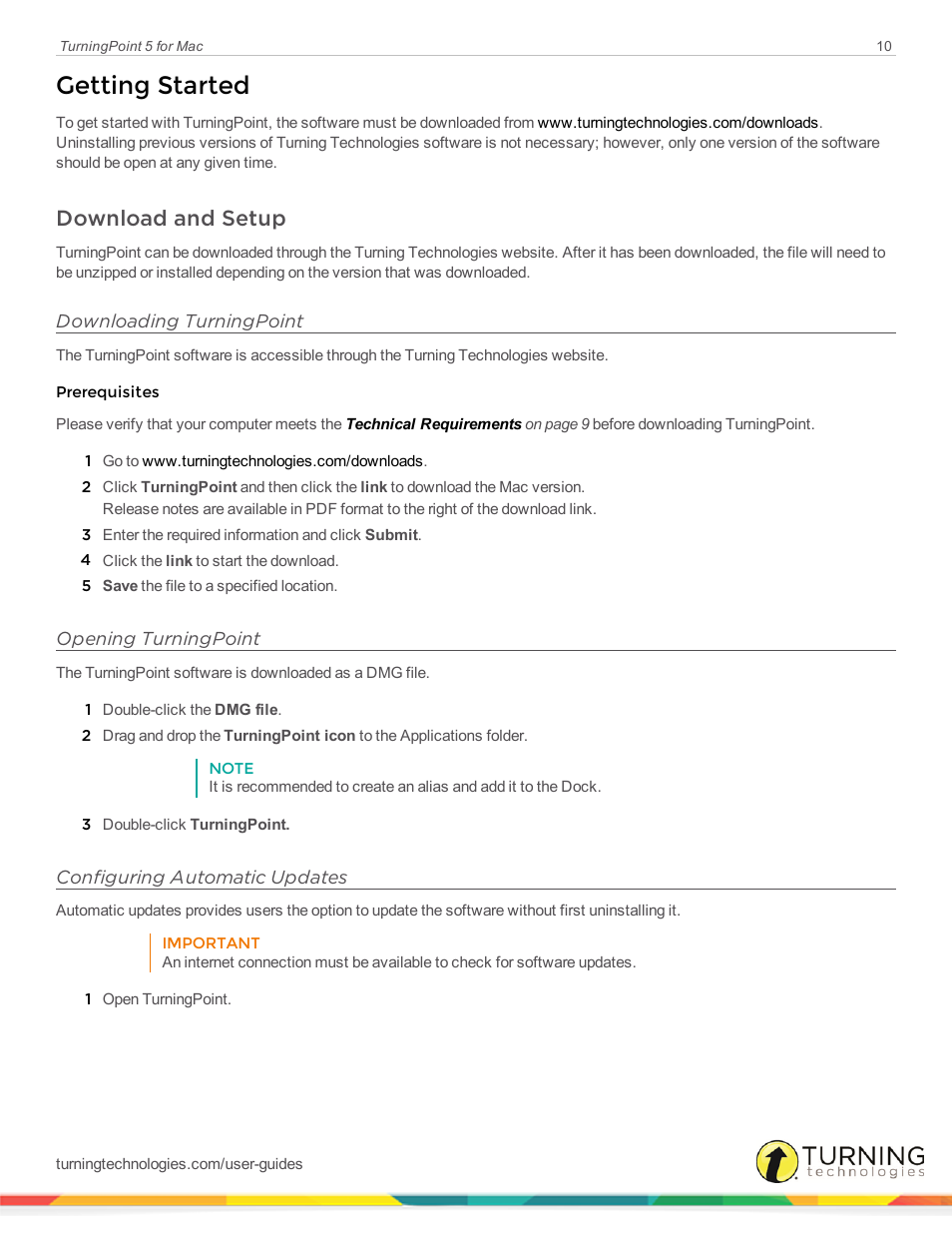 Getting started, Download and setup, Downloading turningpoint | Opening turningpoint, Configuring automatic updates | Turning Technologies TurningPoint 5 User Manual | Page 10 / 150