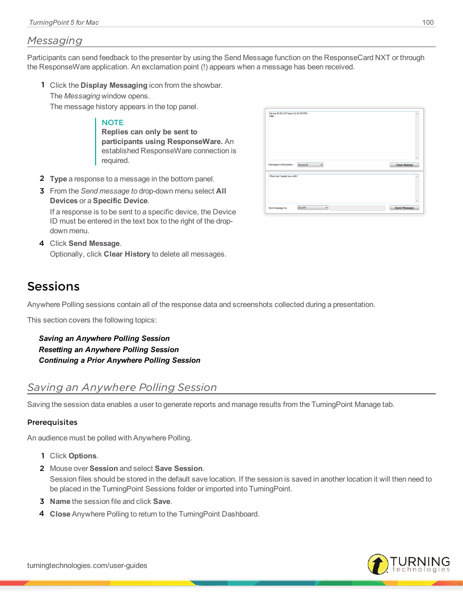 Messaging, Sessions, Saving an anywhere polling session | Turning Technologies TurningPoint 5 User Manual | Page 100 / 150