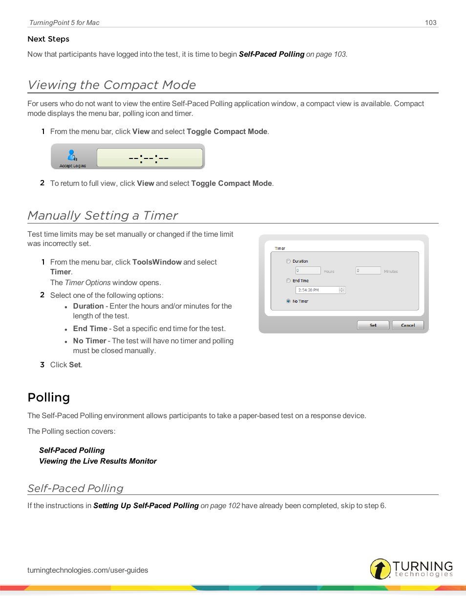 Viewing the compact mode, Manually setting a timer, Polling | Self-paced polling, Self, Paced polling | Turning Technologies TurningPoint 5 User Manual | Page 103 / 150