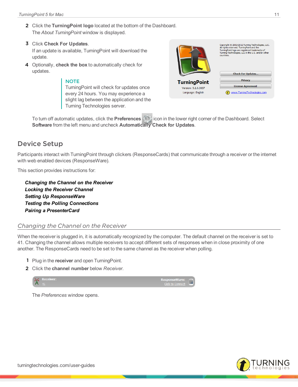 Device setup, Changing the channel on the receiver | Turning Technologies TurningPoint 5 User Manual | Page 11 / 150