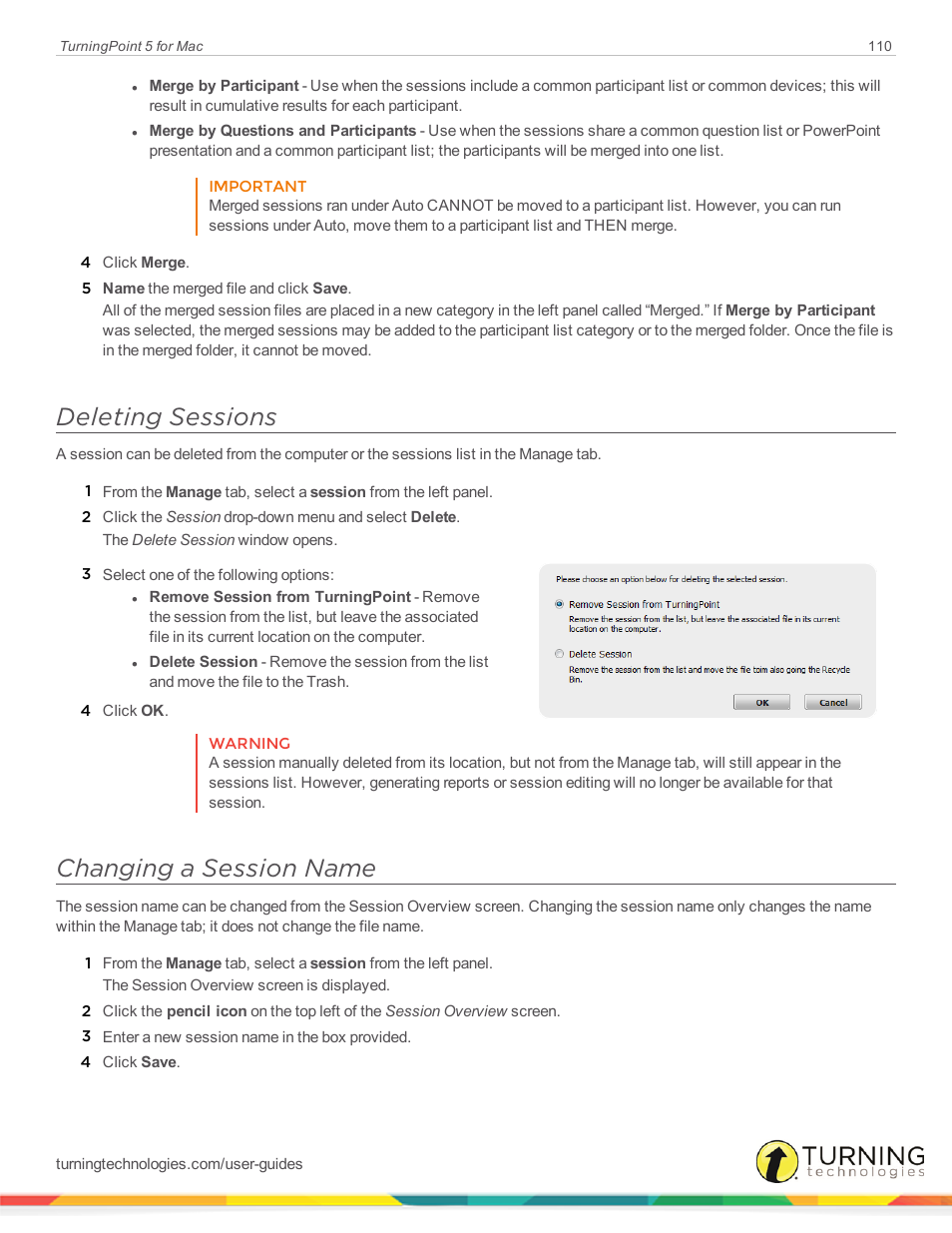 Deleting sessions, Changing a session name | Turning Technologies TurningPoint 5 User Manual | Page 110 / 150