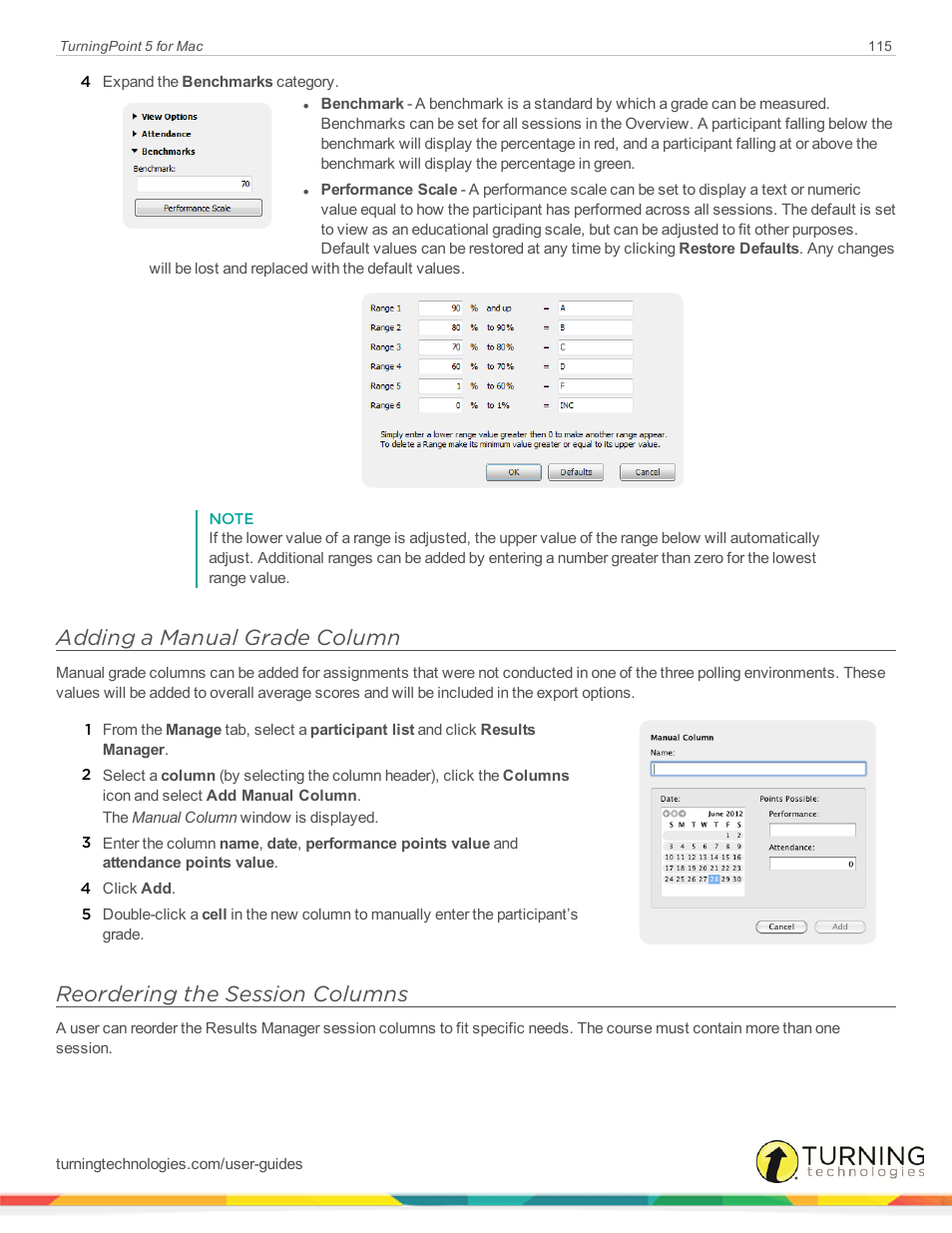 Adding a manual grade column, Reordering the session columns | Turning Technologies TurningPoint 5 User Manual | Page 115 / 150