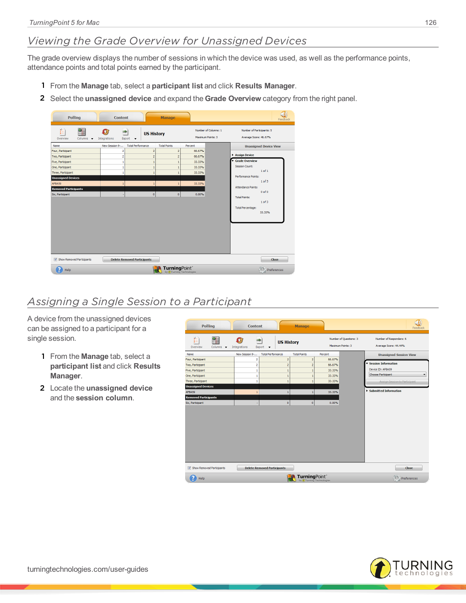 Viewing the grade overview for unassigned devices, Assigning a single session to a participant | Turning Technologies TurningPoint 5 User Manual | Page 126 / 150