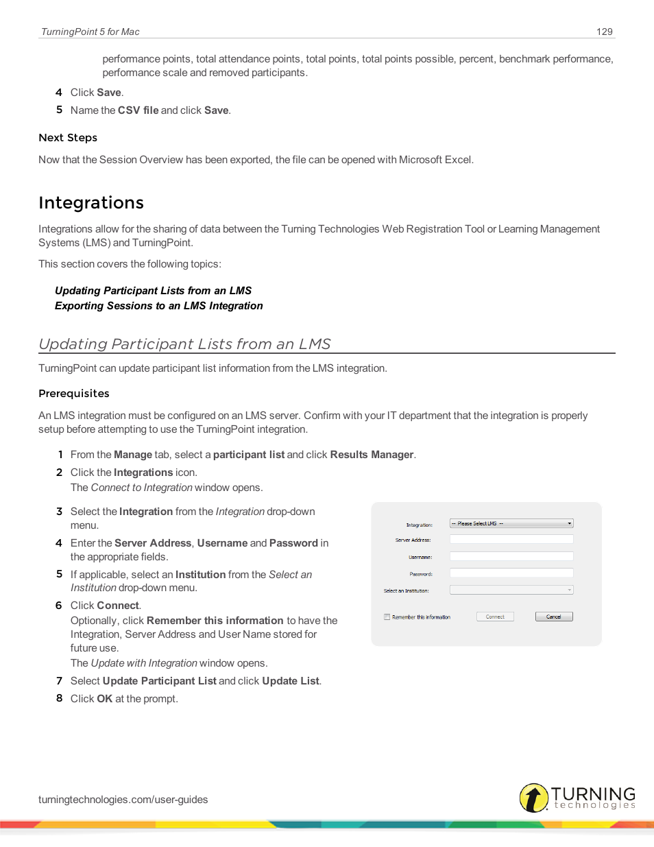 Integrations, Updating participant lists from an lms | Turning Technologies TurningPoint 5 User Manual | Page 129 / 150