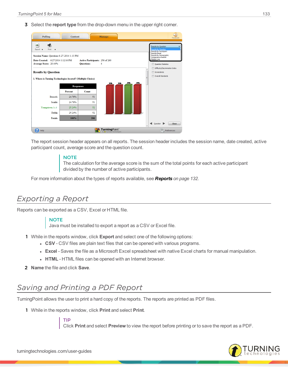 Exporting a report, Saving and printing a pdf report | Turning Technologies TurningPoint 5 User Manual | Page 133 / 150