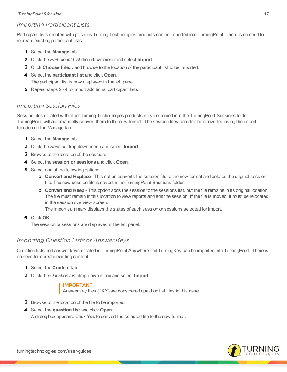 Importing participant lists, Importing session files, Importing question lists or answer keys | Turning Technologies TurningPoint 5 User Manual | Page 17 / 150