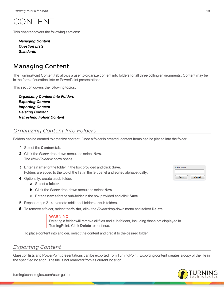 Content, Managing content, Organizing content into folders | Exporting content | Turning Technologies TurningPoint 5 User Manual | Page 19 / 150