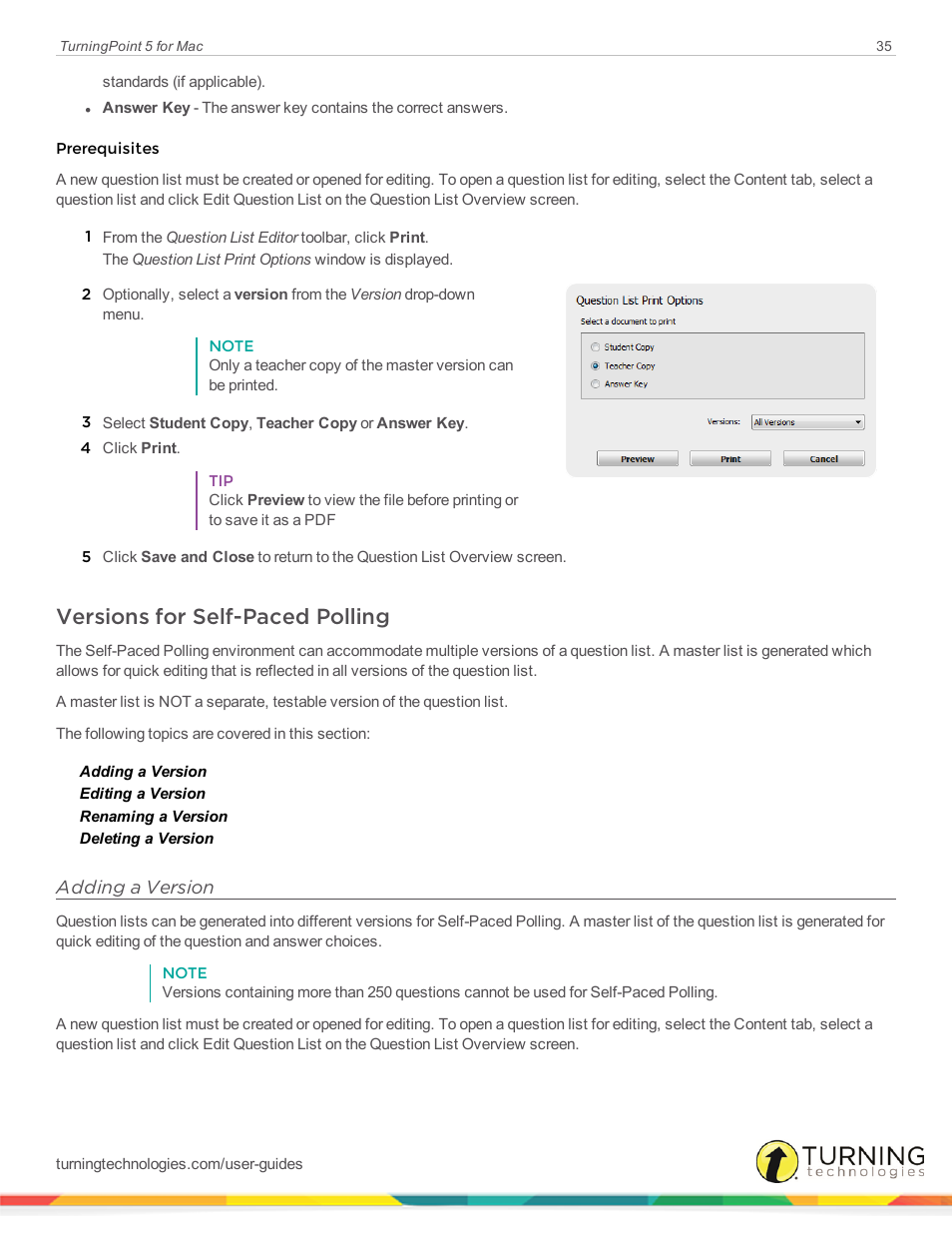Versions for self-paced polling, Adding a version | Turning Technologies TurningPoint 5 User Manual | Page 35 / 150