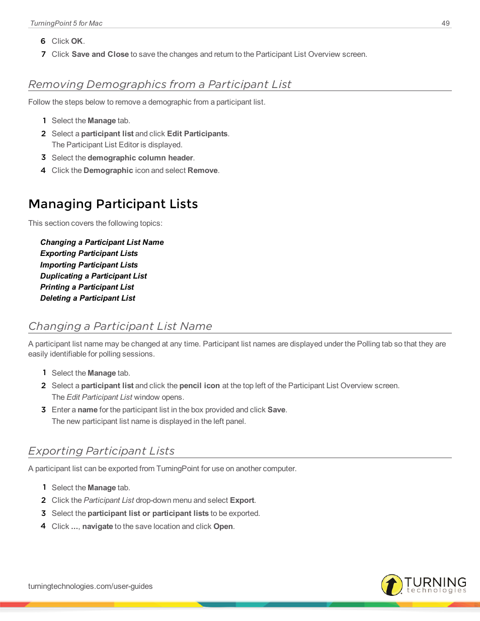 Removing demographics from a participant list, Managing participant lists, Changing a participant list name | Exporting participant lists | Turning Technologies TurningPoint 5 User Manual | Page 49 / 150