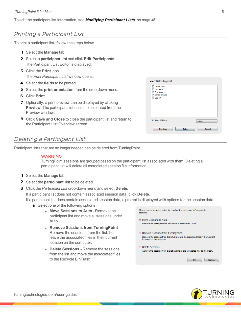 Printing a participant list, Deleting a participant list | Turning Technologies TurningPoint 5 User Manual | Page 51 / 150