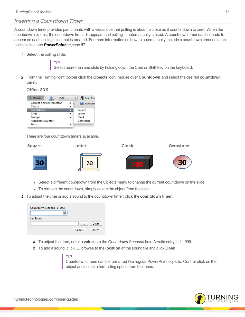 Inserting a countdown timer | Turning Technologies TurningPoint 5 User Manual | Page 78 / 150