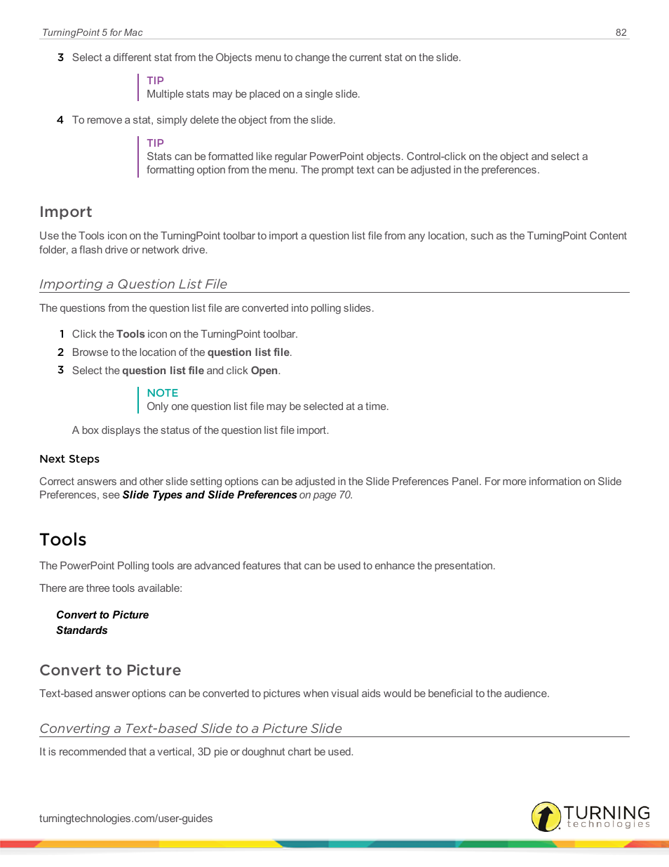 Import, Importing a question list file, Tools | Convert to picture, Converting a text-based slide to a picture slide | Turning Technologies TurningPoint 5 User Manual | Page 82 / 150