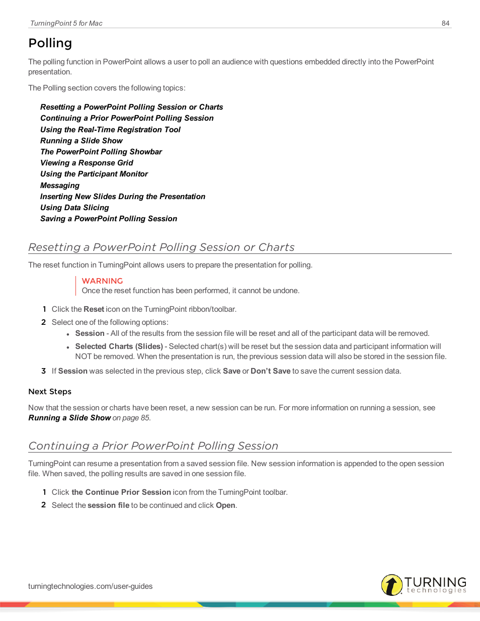 Polling, Resetting a powerpoint polling session or charts, Continuing a prior powerpoint polling session | Turning Technologies TurningPoint 5 User Manual | Page 84 / 150