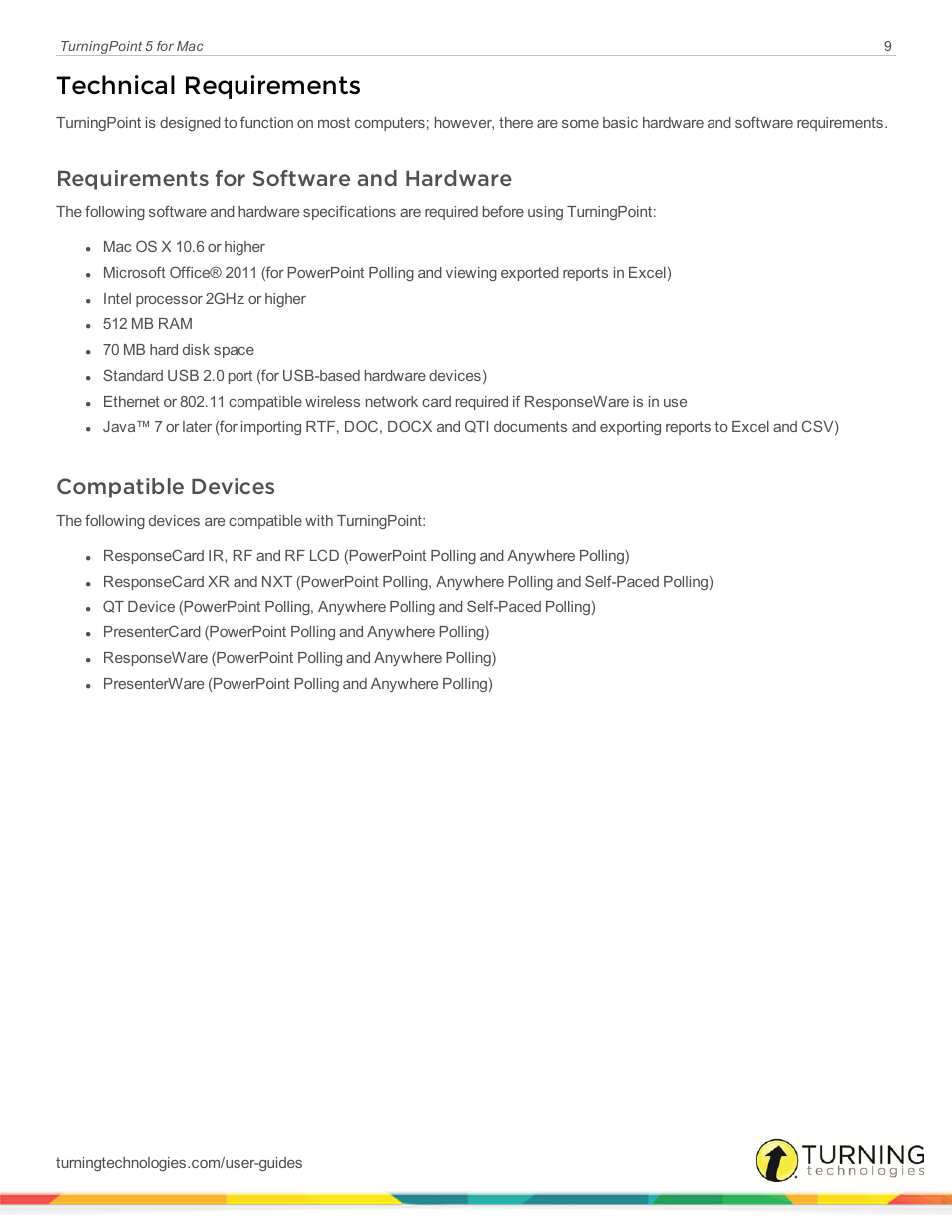 Technical requirements, Requirements for software and hardware, Compatible devices | Turning Technologies TurningPoint 5 User Manual | Page 9 / 150