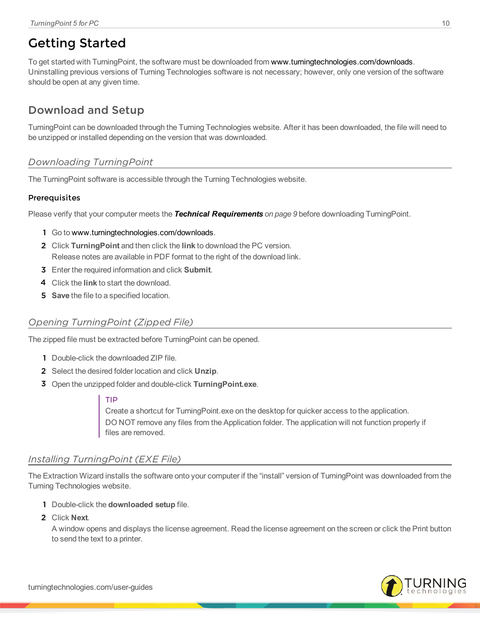 Getting started, Download and setup, Downloading turningpoint | Opening turningpoint (zipped file), Installing turningpoint (exe file) | Turning Technologies TurningPoint 5 User Manual | Page 10 / 168
