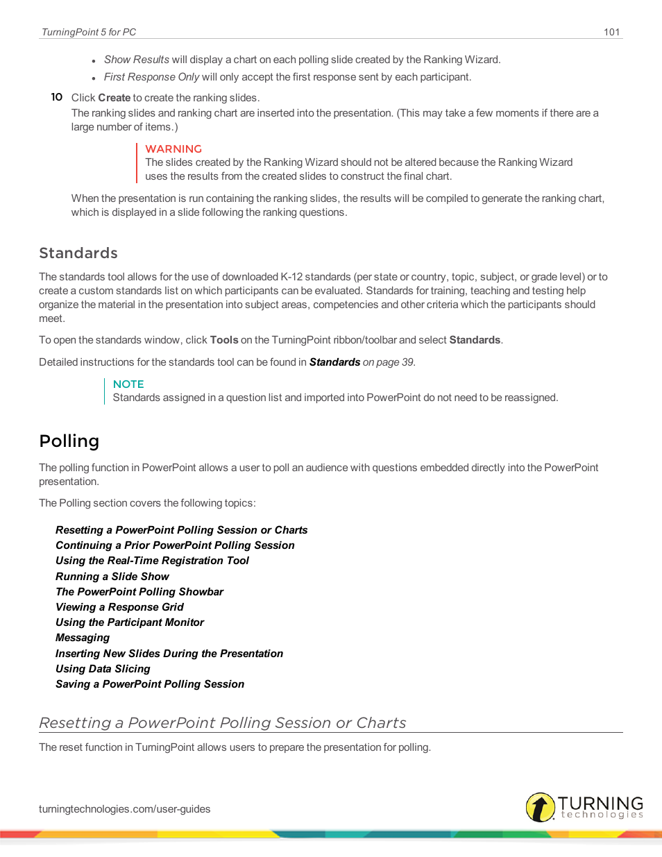 Standards, Polling, Resetting a powerpoint polling session or charts | Turning Technologies TurningPoint 5 User Manual | Page 101 / 168