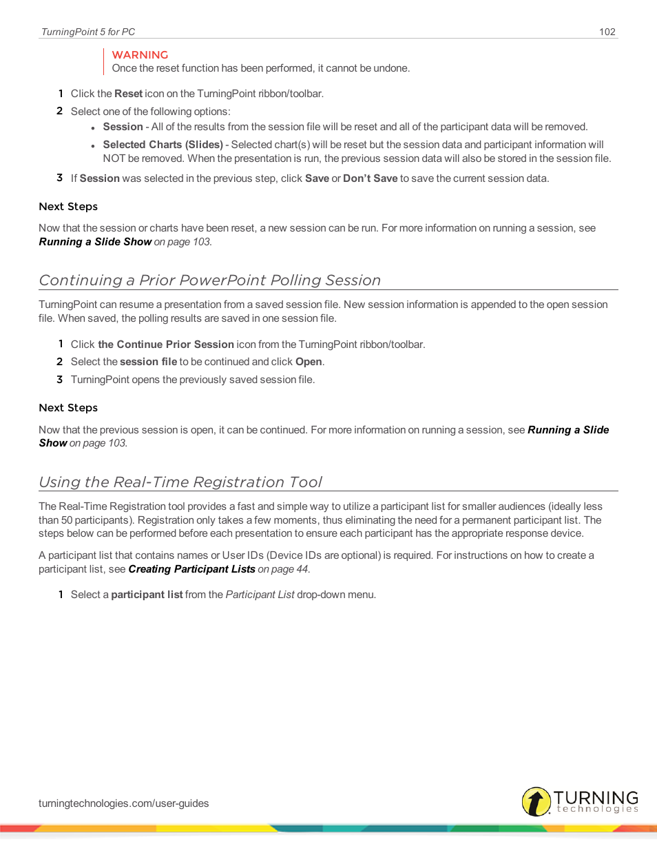 Continuing a prior powerpoint polling session, Using the real-time registration tool | Turning Technologies TurningPoint 5 User Manual | Page 102 / 168