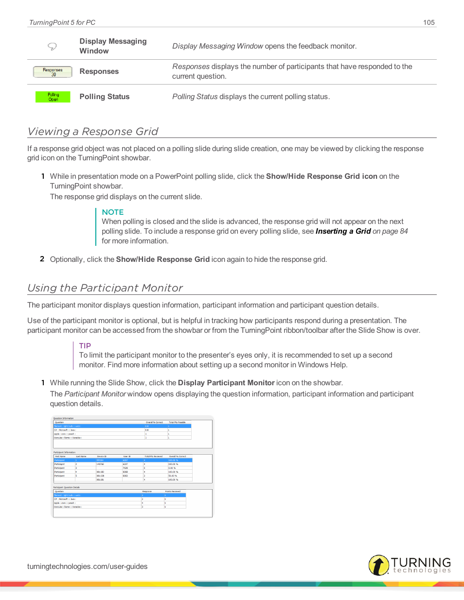 Viewing a response grid, Using the participant monitor | Turning Technologies TurningPoint 5 User Manual | Page 105 / 168