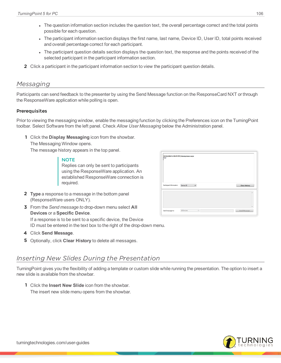 Messaging, Inserting new slides during the presentation | Turning Technologies TurningPoint 5 User Manual | Page 106 / 168