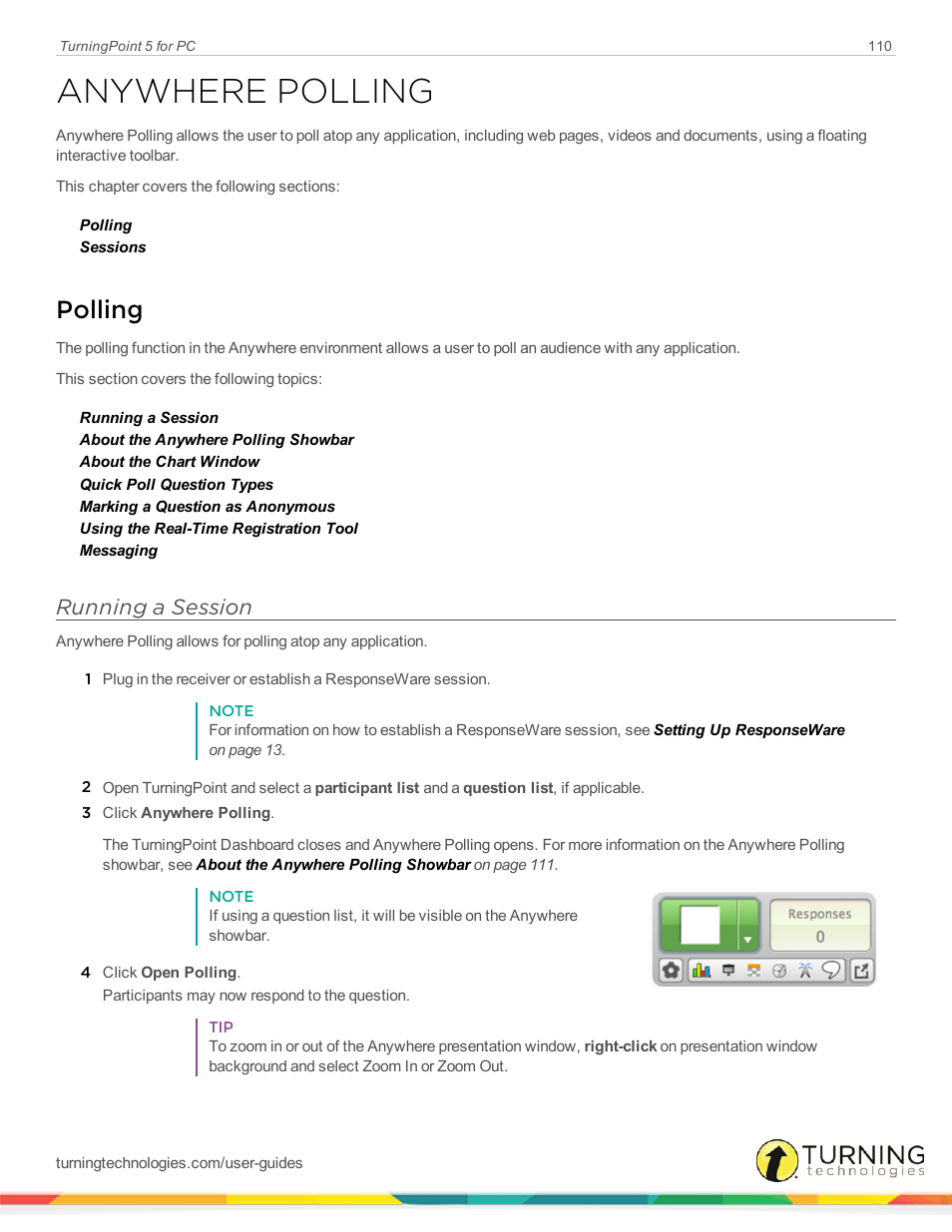 Anywhere polling, Polling, Running a session | Turning Technologies TurningPoint 5 User Manual | Page 110 / 168