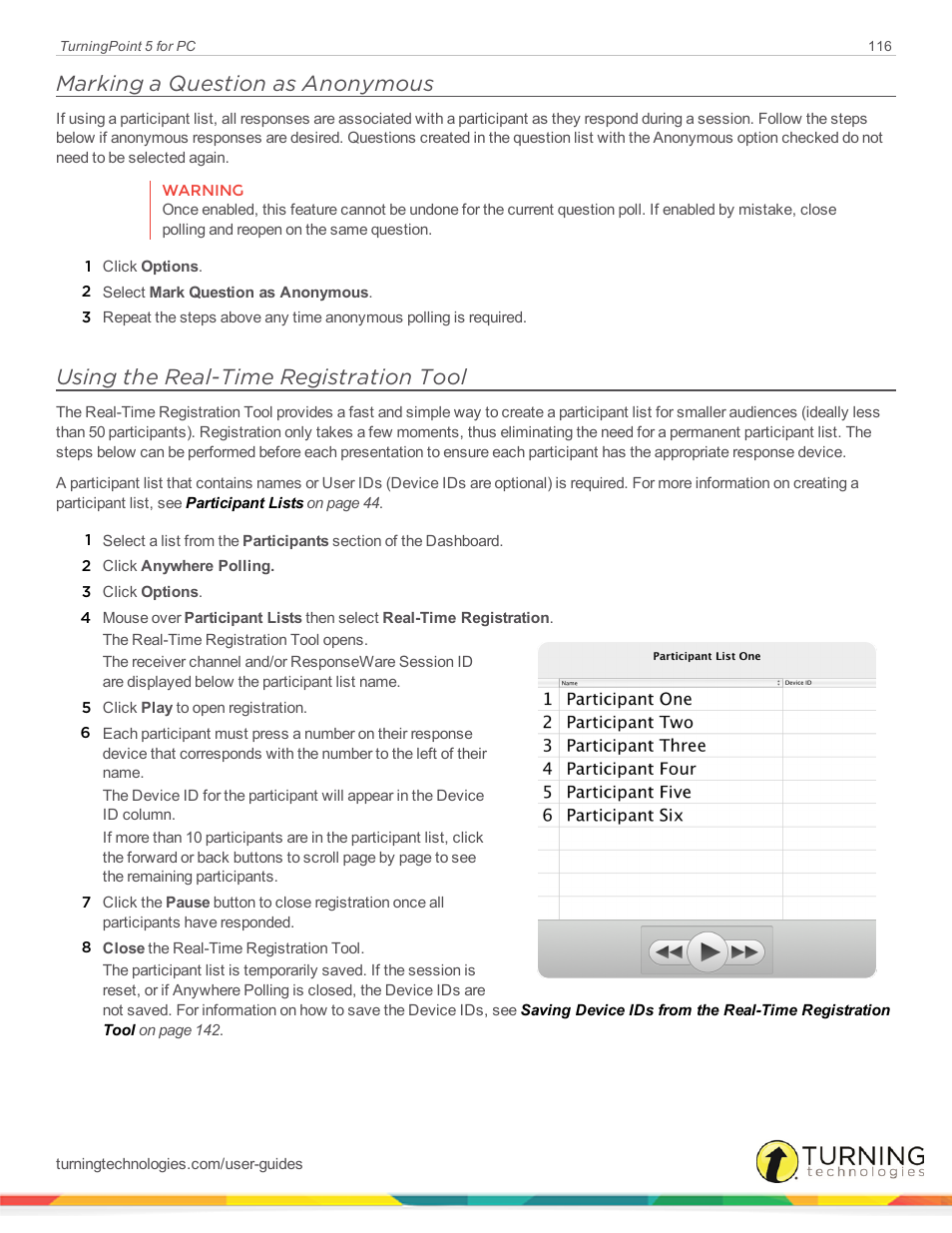 Marking a question as anonymous, Using the real-time registration tool | Turning Technologies TurningPoint 5 User Manual | Page 116 / 168