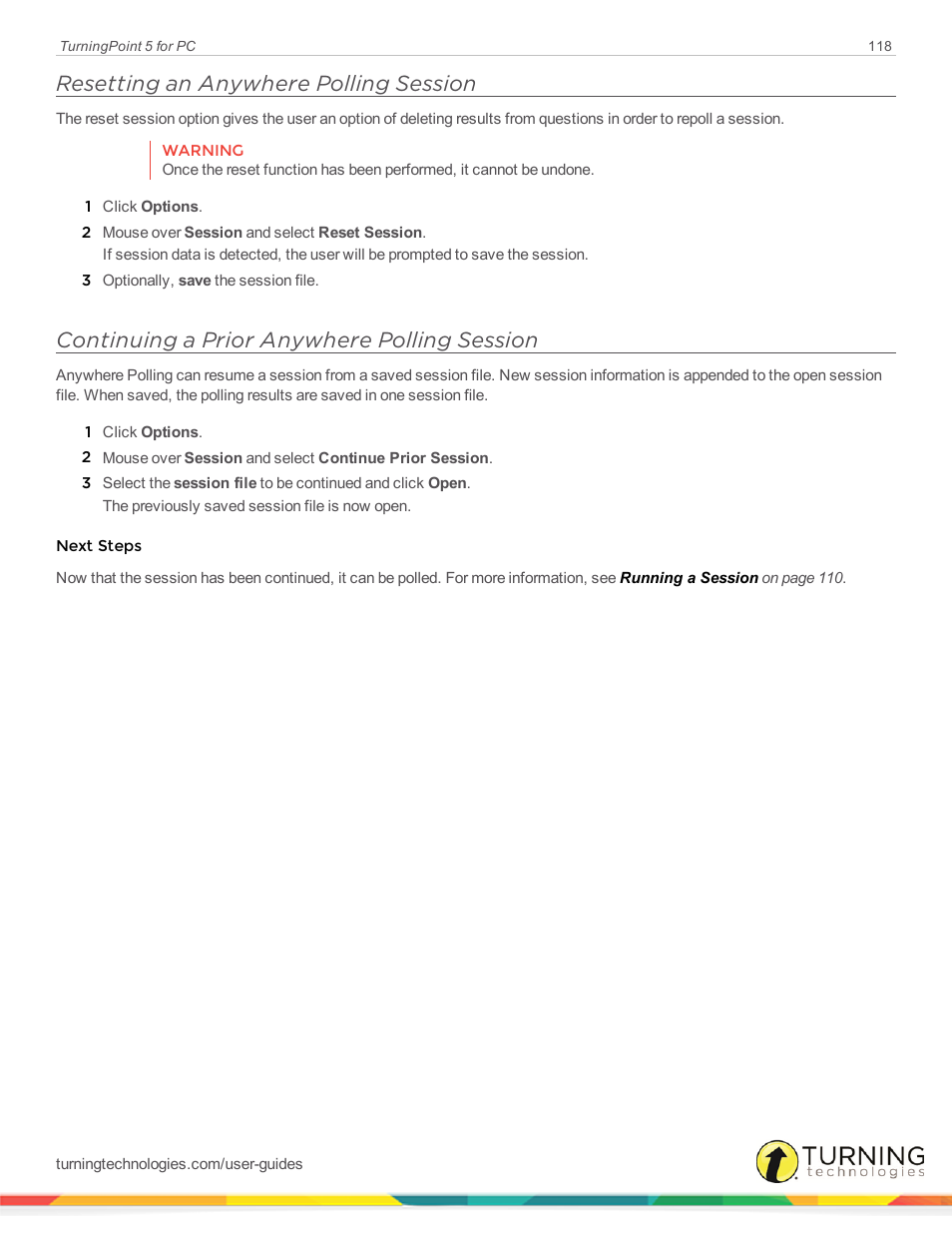 Resetting an anywhere polling session, Continuing a prior anywhere polling session | Turning Technologies TurningPoint 5 User Manual | Page 118 / 168
